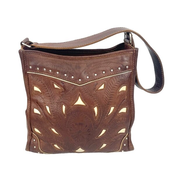 Handcrafted Brown White  Hand Tooled Leather Shoulder Bag Vintage - Picture 1 of 14